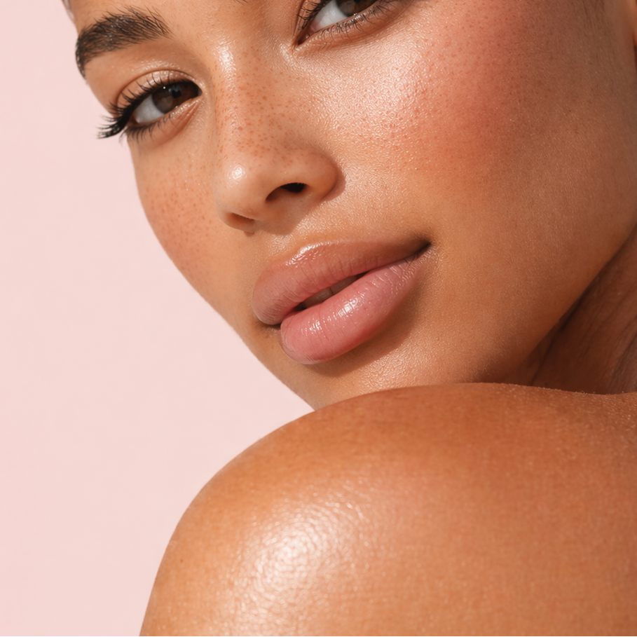 Close-up of a woman's face with a soft pink background