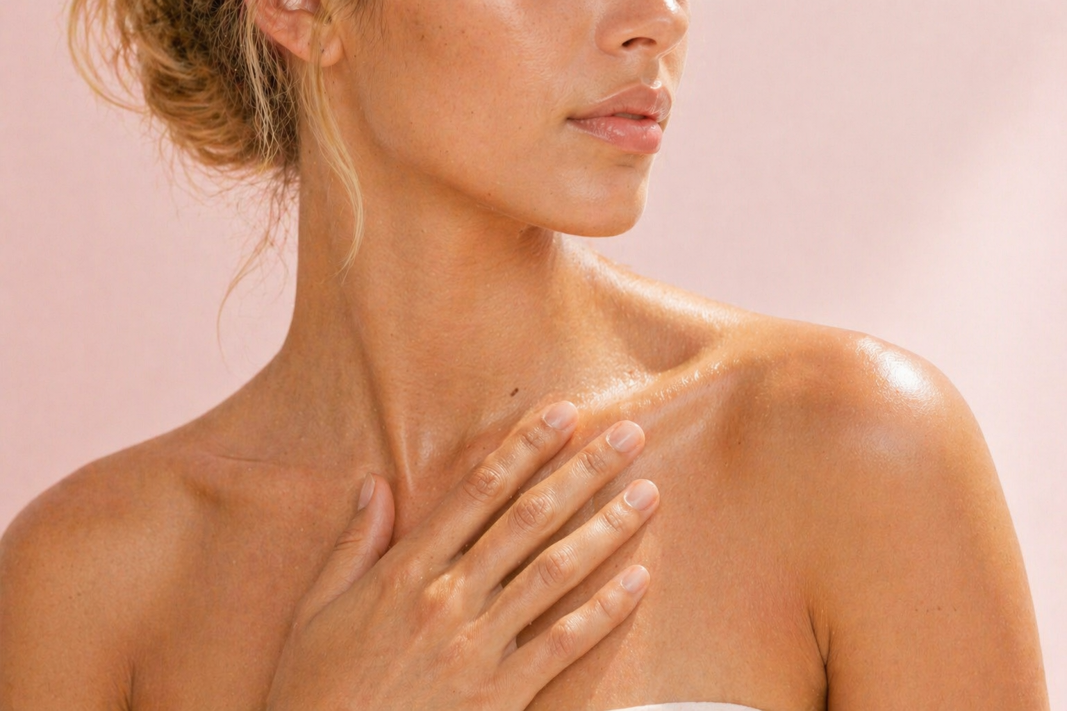 Woman with a smooth shoulder against a pink background